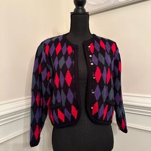 Vintage Worthington Diamond Pattern Jewel Tones Petite Cardigan Small 4p/6p
